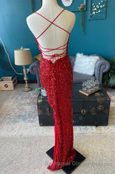 Red Sequin Cowl Neck Lace-Up Back High-Low Semi Formal Prom Dress